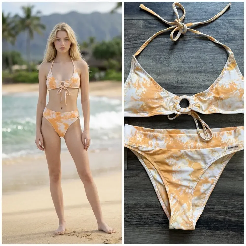 Blackbough Women’s S/M 2-Piece Tie Dye Halter Tie Bikini Set Orange